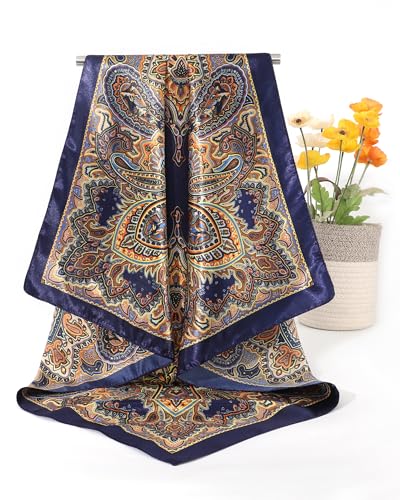 CHLINS 35" Satin Square Hair Scarf Bandanas - 3Pcs Large Silk Head Scarves Lightweight Sleeping Hair Wraps for Women - color: Brown+black+blue