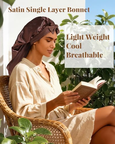 AWAYTR Long Satin Bonnet for Braids - Elastic Silk Hair Bonnets for Sleeping Night Cap Stretchy Tie Band for Women（Brown） - color: Brown