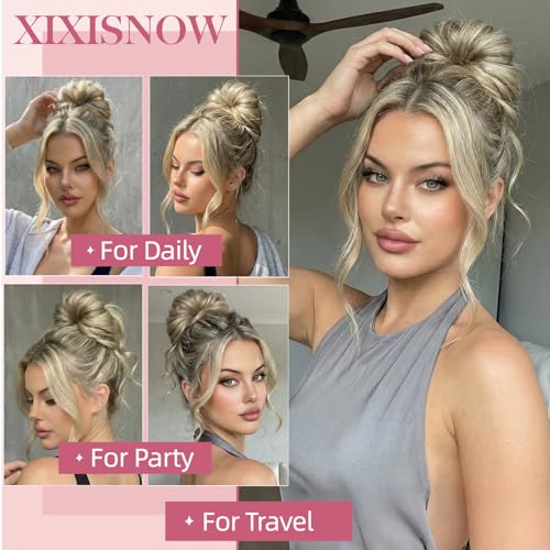 Real Human Hair Messy Bun Hair Piece for Women, 32g Curly Updo Extensions Scrunchie, Natural Looking Fake Bun Hairpiece Faux Pieces for Thick Thin Hairs Ash Brown Mix Ash Blonde - color: Ash Brown Mix Ash Blonde