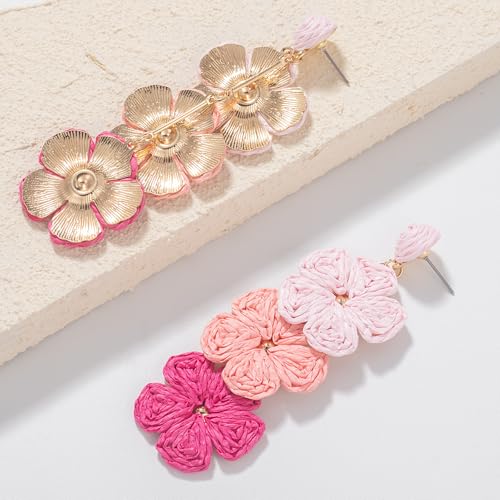 Boho Flower Earrings Statement Raffia Dangle Earrings Cute Floral Jewelry Trendy Summer Beach Vacation Outfits for Women - color: Pink
