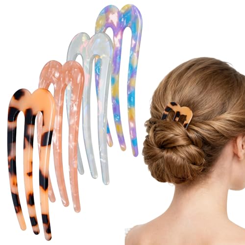 4 Pcs Large French Pins for Thick Hair 3-Prong Hair Forks Retro U Shaped Hair Pins for Women French Twist Hairs Pin Clips Chignon Pin Hairstyle Accessories (Blue Mermaid Light Tortoise Pink)