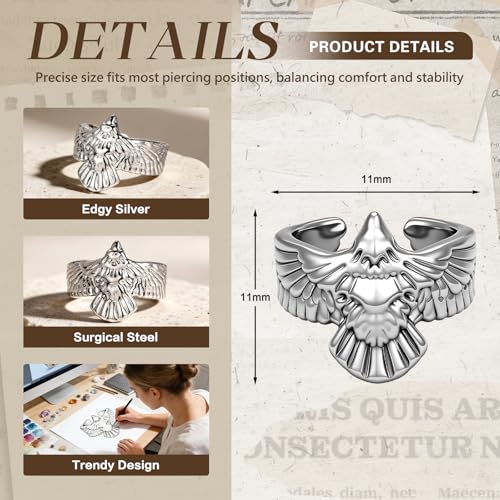 Gothic Ear Cuffs Helix Cartilage Clip on Goth Ear Cuff Stainless Steel Hypoallergenic Earrings for Women Men Non Piercing Gold & Silver Fake Earring Lightweight Punk Jewelry Gift - color: K9-Silver Eagle Design