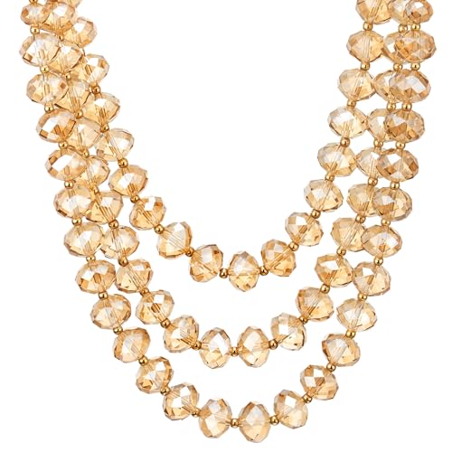 COOLSTEELANDBEYOND Crystal Beads Statement Necklace, Three-strand Layered Necklace, Waterfall - color: A-Color: Champagne & Gold