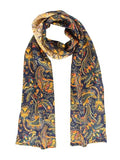 ANDANTINO 100% Silk Scarf for Women 59”*6.3” Long Shawls for Headscarf and Neck- Oblong Hair Wraps with Gift Packed - color: Gold&navy Paisley