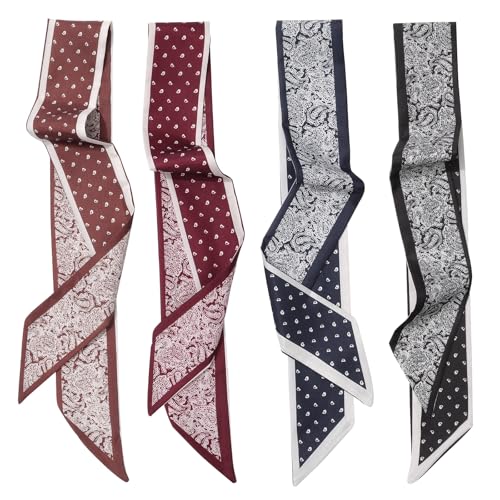 CHLINS 4PCS Satin Head Scarf for Women, Neck Hair Purse Handbag Accessory Fashion Versatile Thin Long Strip Scarf - color: Cashew
