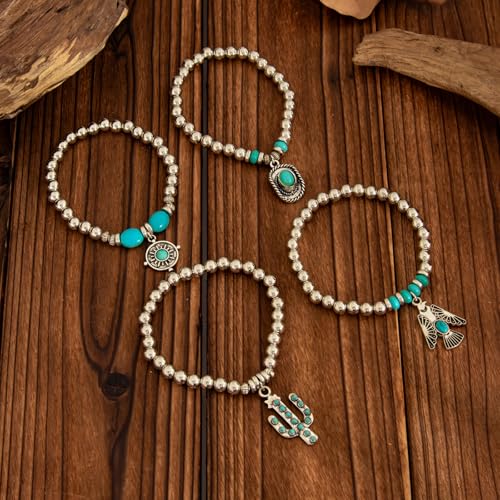 Long tiantian Western Turquoise Beaded Bracelet Set for Women Stackable Cowgirl Bracelets Boho Concho Jewelry Country Concert Rodeo Outfit Accessories Gifts - color: C2:western bracelet for women