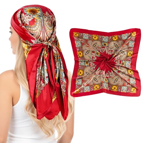 Pistha Head Scarf Bandana for Women, Satin Scarf for Hair, Large Square Silk Bandana Headscarf for Women and Men 35 Inch - style: Classic-red