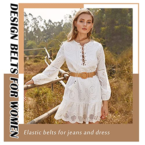 VONMELLI 3 Pack Straw Woven Elastic Stretch Waist Belt Fashion Boho Dress Braided Belts for Women Khaki Beige Black M