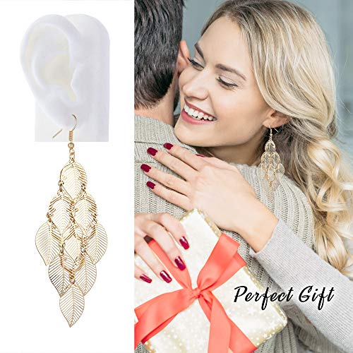 Bohemian Boho Filigree Leaf Chandelier Dangle Earrings for Women – Handcrafted Delicate – 14K Gold Plated – Lightweight - style: Gold - 5 Layered Leaf Chandelier