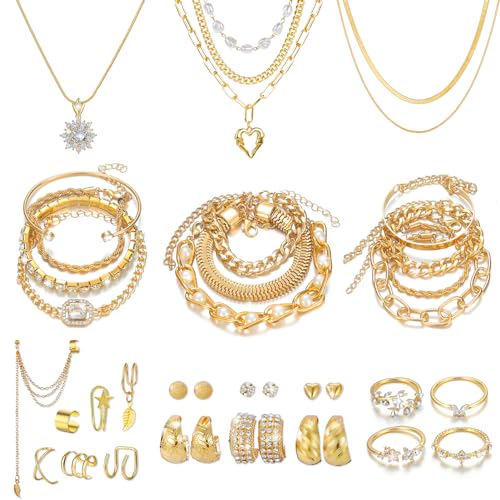 KISS WIFE Golden Jewelry Set for Women with Multi Layered Necklaces, Stackable Bracelets, Knuckle Rings, Hoop Earrings, Fashion Outfit Accessories Jewelry Packs Gifts for Women - style: Style 4