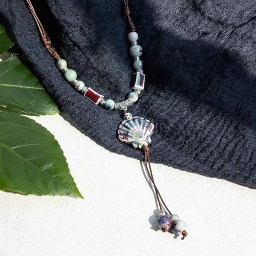 Boho Style Colorful Ceramic Bead Strand Necklace Adjustable Bohemian Jewelry Gift for Women, Fashion Clothing Matching Necklace - color: Kiln Changed Green