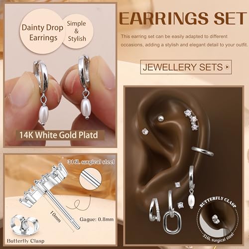 Small Gold Hoop Earrings Set for Women - 14K Gold Plated Hypoallergenic Huggie Hoop Studs Earring Stacks for Sensitive Ears - Cartilage Earring Sets for Multiple Piercing 8 Pairs