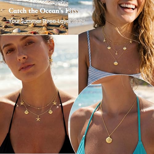 WomenGifts Layered Gold Necklaces for Women, 14K Gold Sterling Silver Plated Dainty Pendant Necklace Set Non Tarnish, Chunky Stackable Cuban Chain Choker, Trendy Birthstone Vacation Jewelry Gift - color: Gold, style: Starfish