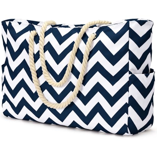Becokan Beach Bag Large Beach Tote Bag for Women Waterproof Sandproof Swim Pool Bag With Zipper - color: Dark Blue Wave