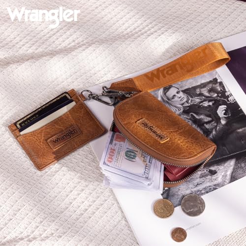 Wrangler KeyChain Wallet Wristlet Wallets for Women Dual Pouch Wristlet with Zipper Womens Credit Card Holder Wallet - color: A-Brown