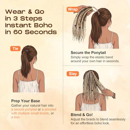 SEIKEA Boho Braided Ponytail Extension on Hair Tie, 16" Full Volume Lightweight Viking Dreadlock Ponytail Braid in Dreadlock Extensions with Beads and Shells, Festival Hair Accessories for Women Girls - color: Midnight Burgundy Blend