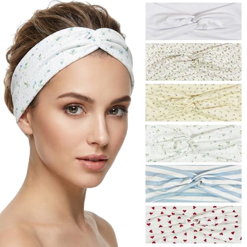 Waliah 6 Pcs Cute Headbands for Women Trendy Head Bands for Women's Hair Non Slip Twist Knotted Fashion Headband(Knot B) - color: Flowers and Stripes-B
