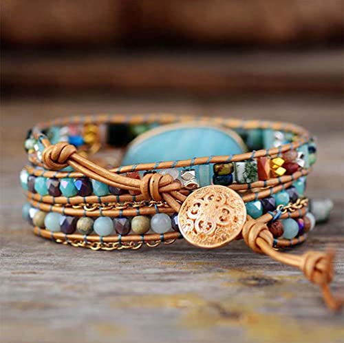Women Wrap Bracelet Boho Natural Jasper Crystal Stone Beads Strand Bracelets - color: Amazonite