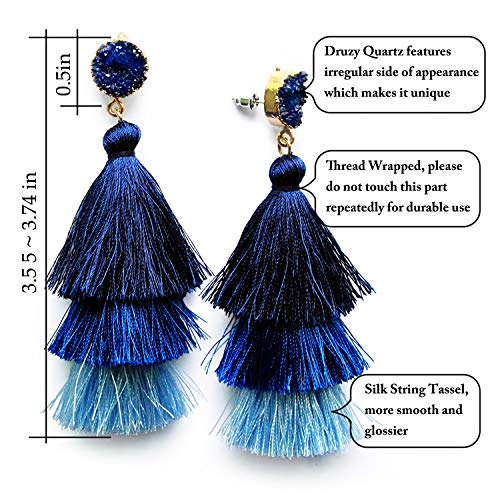 Me&Hz Colorful Layered Tassel Earrings Bohemian Statement Tiered Tassel Big Dangle Drop Earrings for Women Druzy Studs Valentine’s Day Gift - color: Blue ombre