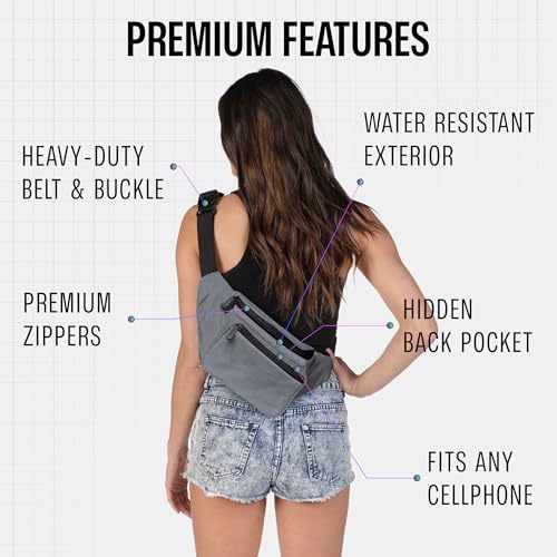 Gray Fanny Pack Belt bag - Crossbody Waist Bag for Men or Women - Hands-Free, Waterproof Large Bumbag for Hiking, Running, and Travel - color: Gray Sheen