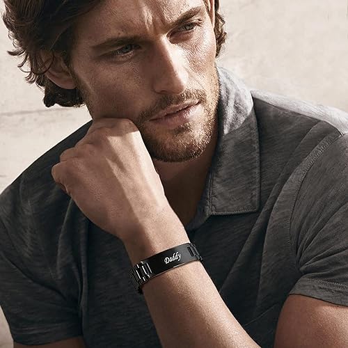 Custom Mens Bracelet Personalized Watch Band Engraved Name Bracelets for Men Customized ID Cuff Wristband Gift for Dad Husband - style: Black0 - 1.5cm