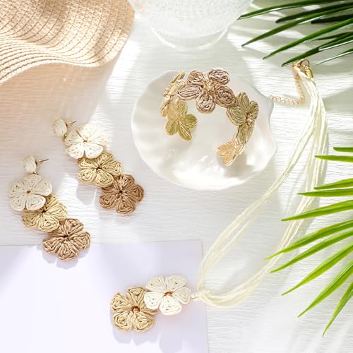 Tondiamo 3 Pcs Raffia Jewelry Set for Women Boho Daisy Flower Necklace, Open Cuff Bracelet, Earrings, Gift for Mom - color: Brown