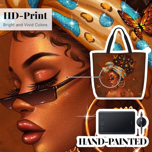 African American Women Tote Bag Black Shoulder Handbag For Women Fit Work Beach Labtops With Zip - color: Black Women 9