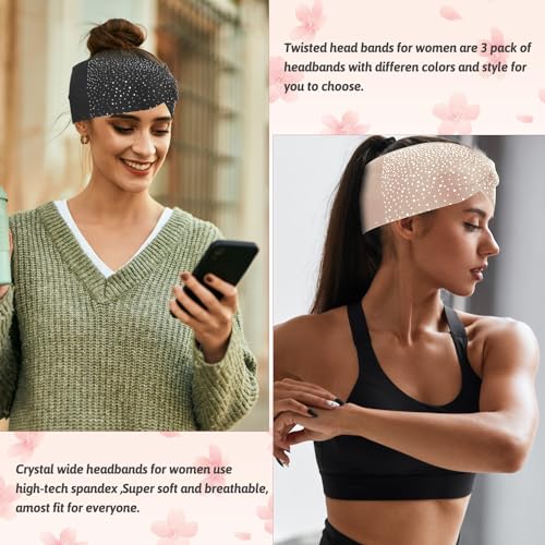 Sliverdew Sparkly Head Wraps for Black Women, 3 Pcs Crystal Wide Headbands Bling Fancy Head Scarf Turban Stretchy Hair Bands African Elastic Hair Accessories - color: Khaki & Black & Light Grey