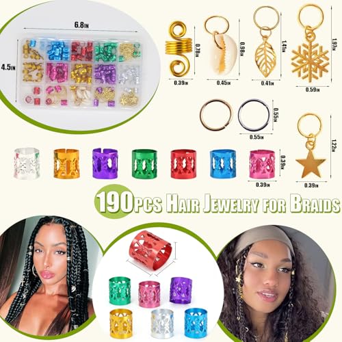 190pcs Colorful Hair Jewelry for Women Braids Dreadlock Locs,Multicolor Metal Hair Charms Accessories Adjustable Hair Cuffs Coils Clips Rings Beads Braiding Decoration - color: Multi Color