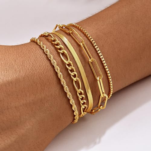 Gold Bracelets for Women, 14K Gold Plated Stackable Bracelet Stack Set Adjustable Charm Paperclip Chain Snake Link Layered Waterproof Jewelry Sets Gifts - style: Bracelets Set /1