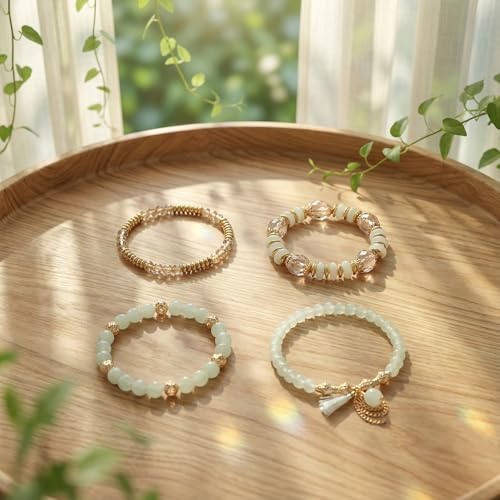 Bohemian Bracelet Sets for Women - 4-Pack Stackable Stretch Bead Bracelets with Black＆White Crystal & Gold Accessories, Multi-Layer Boho Jewelry - color: white