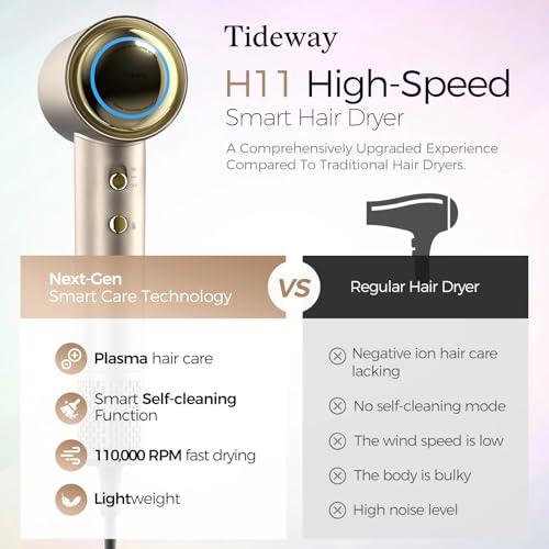 Tideway Hair Dryer Professional High-Speed Ionic Blow Dryer 110,000 RPM, Compact Hair Dryer with Magnetic Diffuser, Fast Drying with Brushless Motor Low Noise Smart Temperature Control-H11 - color: Gold
