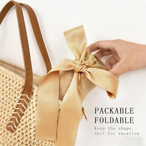 Women's Sun Visor Hats Wide Brim Beach Hat Straw Ponytail Visor Packable Foldable UPF 50+ Floppy Travel Hats - color: Khaki01