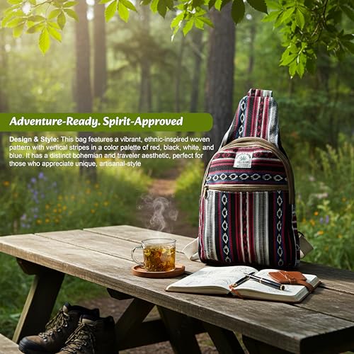Marubhumi Hemp Small Backpack Cross Body Shoulder Himalayan Bag Adjustable Strap Men and Women Sling Bag Lightweight Daypack