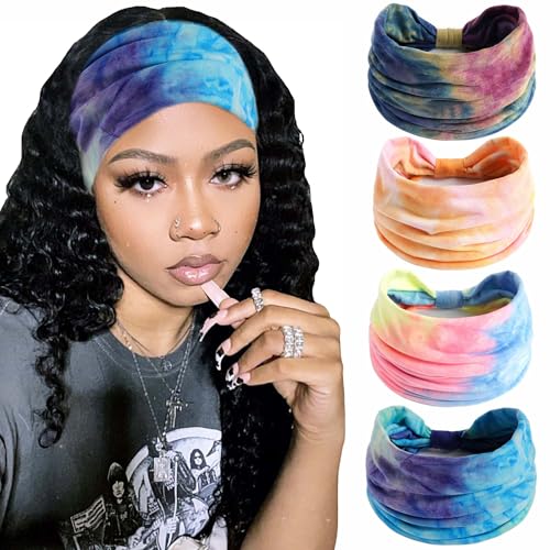 Wide Headbands Stylish Hair Band Tie Dye Head Wraps Elastic Boho Turban Headband Workout Sweatband Non Slip Bandanas Headband Knotted Hair Accessories Band for Women 4 Pack - color: Style 85
