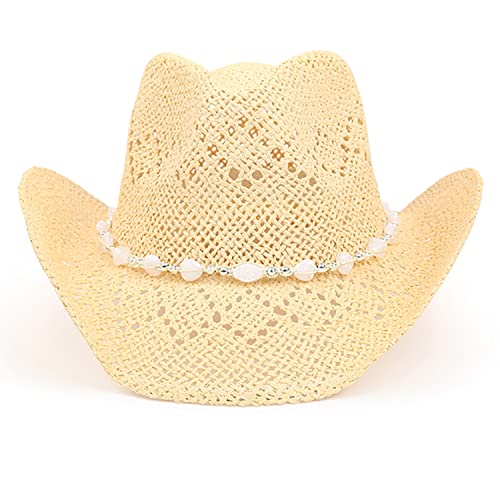 TOVOSO Western Cowgirl Hat, Straw Cowboy Hat for Women with Shapeable Brim, Beaded Hearts Trim, Shapeable Cowboy Hat - color: Beige