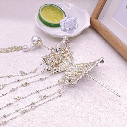 1 Piece Pearl Butterfly Hair Stick Vintage Tassel Hair Bun Holder Rhinestone Pearl Butterfly Hair Fork Hairpin Metal Ponytail Holder Hair Accessory for Women and Girls