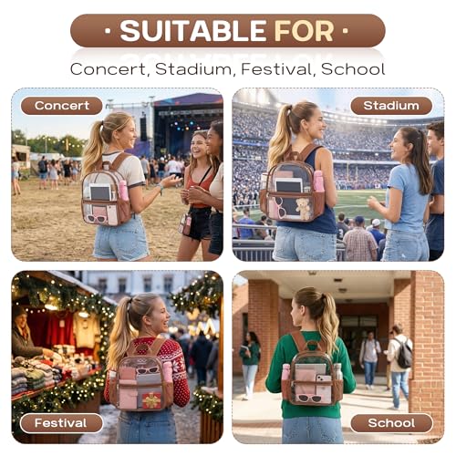 Oraben Clear Backpack Stadium Approved, 12 x 6 x 11 in, Small Transparent Backpack for Concerts, Sports Events, Festivals, Travel, Waterproof PVC, Adjustable Straps, Women Men - color: Coffee Brown, style: Enhanced Strap