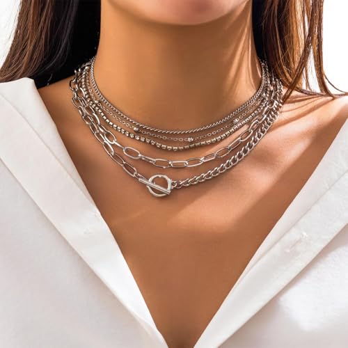 Gold Stack Necklace Chunky Necklaces for Women Trendy Coin Pendant Long Necklaces Western Jewelry for Women Cowgirl Cowboy Chic Country Outfit Boho Accessories Birthday Jewelry Gifts - color: F Silver Layered Necklaces Set
