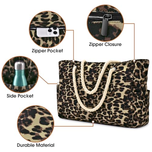 Becokan Beach Bag Large Beach Tote Bag for Women Waterproof Sandproof Swim Pool Bag With Zipper - color: Khaki Leopard
