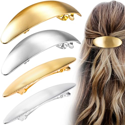 HINZIC 4pcs Oval French Hair Barrette, Non-Slip Large Alloy Hair Clip for Women, Vintage Wedding Prom Formal Hairpins Accessories for Thick Thin Long Short Curly Straight Hairstyles- Gold & Silver - color: Gold & Silver-4pcs
