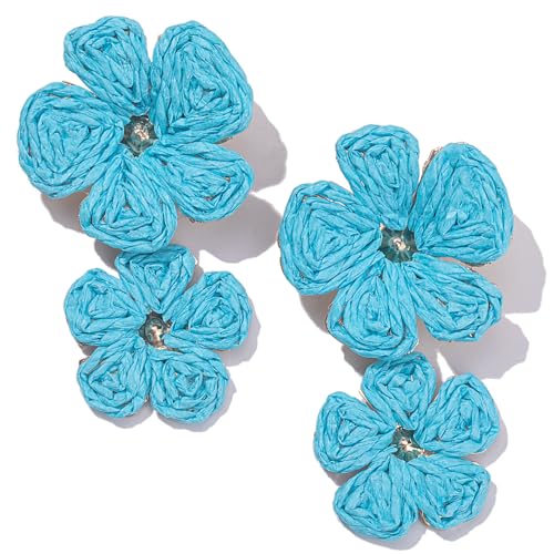 Boho Flower Earrings Statement Raffia Dangle Earrings Cute Floral Jewelry Trendy Summer Beach Vacation Outfits for Women - color: Blue