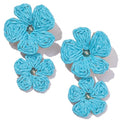 Boho Flower Earrings Statement Raffia Dangle Earrings Cute Floral Jewelry Trendy Summer Beach Vacation Outfits for Women - color: Blue