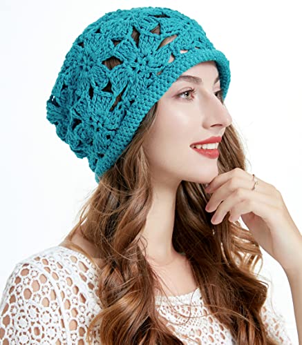 ZLYC Women Cotton Crochet Slouchy Beanie Hat Handmade Knit Summer Skull Cap - color: Crochet Peacock Blue
