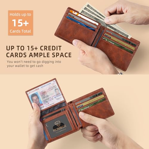 RUNBOX Wallet for Men -Slim Rfid Leather Mens Bifold Novelty Wallets 2 ID Window With Gift Box Men's Accessories | Slim - color: RETRO RED BROWN