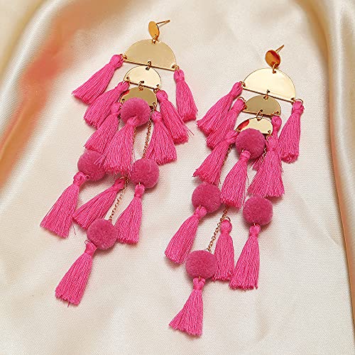 Long Tassel Earrings for Women Colorful Fringe Drop Dangle Earrings Bohemian Hawaiian Summer Beach Jewelry for Womens Vacation Outfits - color: Hot Pink