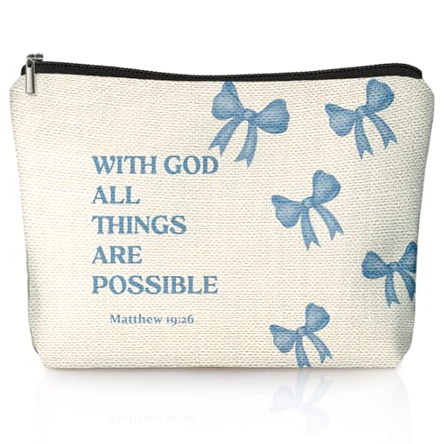 Coquette Blue Bow Christian Makeup Bag, With God All Things Are Possible Cosmetic Bags for Women, Christian Bible Verse Gifts for Women, Preppy Aesthetic Zipper Makeup Pouch - color: 01-With God All Things Are Possible(Blue Bible)