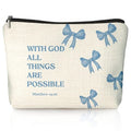 Coquette Blue Bow Christian Makeup Bag, With God All Things Are Possible Cosmetic Bags for Women, Christian Bible Verse Gifts for Women, Preppy Aesthetic Zipper Makeup Pouch - color: 01-With God All Things Are Possible(Blue Bible)