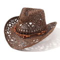 AQOKKA Straw Cowboy Hats for Women Men Western Cowgirl Hats with Shapeable Brim Woven Hollow Out Unisex Beach Roll Up Caps - color: Brown Beads Cowboy Hat : Coffee