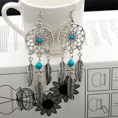 Boho Turquoise Drop Earrings Retro Long Copper Feather Tasse Metal Leaf Dangle Earrings Vintage Country Western Jewelry Cowgirl Ethnic Style Geometric Concert Festival Accessories for Women - color: Turquoise Silver Feather